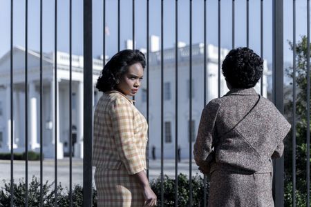 Coretta Scott King, played by Weruche Opia, and Juanita Abernathy, played by Sasha Compère, wait outside the White House in GENIUS: MLK/X. (National Geographic/Richard DuCree)