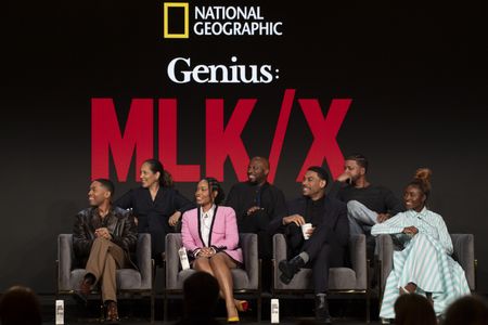 2024 TCA WINTER PRESS TOUR  - Kelvin Harrison Jr., Gina Prince-Bythewood, Weruche Opia, Damione Macedon, Aaron Pierre, Raphael Jackson Jr., and Jayme Lawson from the “Genius: MLK/X” panel at the National Geographic presentation during the 2024 TCA Winter Press Tour at the Langham Huntington on February 8, 2024 in Pasadena, California. (National Geographic/PictureGroup)