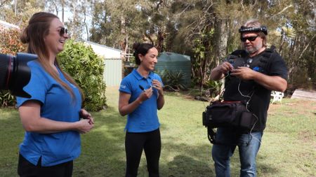 BTS of Hayley the vet nurse, Kelsey & Chris the sound guy. (EQ Media Group/Jackie Munro)