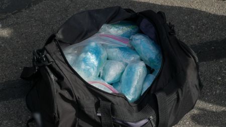 Multiple packages of methamphetamine were discovered by HSI in a duffle bag in the trunk of a suspect's vehicle during an operation in Orange County, Calif. (National Geographic)