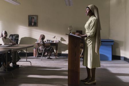 Betty Shabazz, played by Jayme Lawson, teaches a class in GENIUS: MLK/X. (National Geographic/Richard DuCree)
