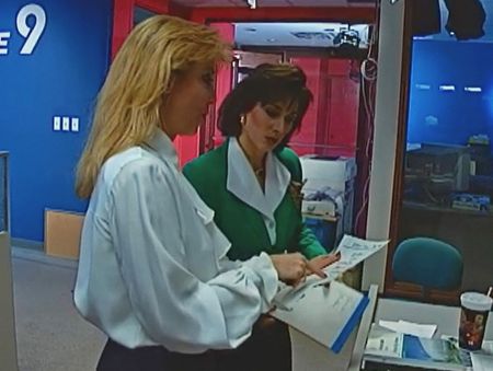 News9 Oklahoma City News Director Joyce Reed talks with reporter Robin Marsh on April 19, 1995, as they make the connection to the date of the Waco siege. (News9 Oklahoma City)