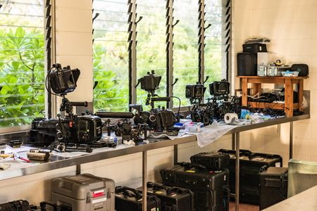 The camera room set up at the Lizard Island Research Station on the Great Barrier Reef. Multiple cameras were required each day to film Day octopus out on the reef.   (photo credit: National Geographic/Harriet Spark)