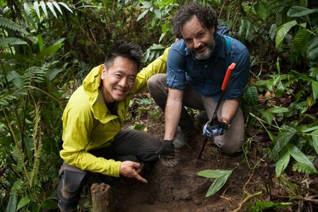 Ciudad Perdida, Colombia - (L) Dr. Albert Lin and archaeologist Santiago Giraldo in front of remains of a Tairaona terrace. (Blakeway Productions/National Geographic)