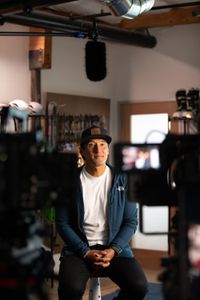 Filmmaker and climber Jimmy Chin  prepares to film his interview. (photo credit: National Geographic/Teague Wasserman)