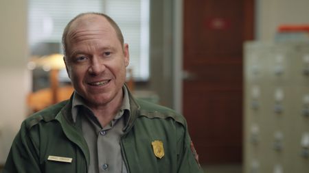 Dan Stahler, Project Leader for the Yellowstone Wolf Project, during his on-camera interview. (National Geographic/Rick Smith)