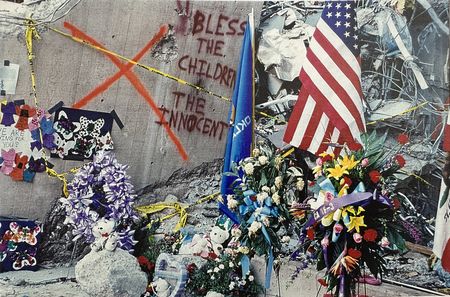 Floral tributes and graffiti commemorate the 19 children who were killed in the Oklahoma City Bombing, at the base of the Alfred P. Murrah Federal Building in April 1995 in Oklahoma City, Okla. (Courtesy The Stephen Jones Oklahoma City Bombing Archive, Dolph Briscoe Center, at the University of Texas)