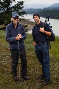 Sir Ranulph Fiennes and actor Joseph Fiennes pose for a portrait by the lake in Jasper, B.C., as they revisit Ran’s 1971 expedition of Canada’s British Columbia. Amidst mountains and whale watching, Sir Ranulph Fiennes and his cousin Joseph Fiennes reflect on Ran’s epic life and his new challenge of life with Parkinson’s. (National Geographic)