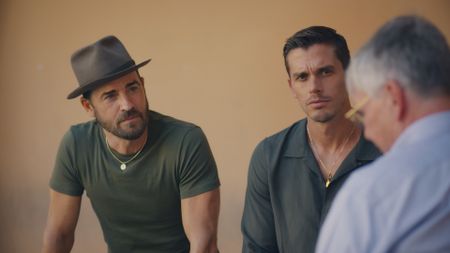 Justin Theroux and Antoni Porowski talk with Nick Terpstra at Chiesa di Santa Maria Della Consolazione. (National Geographic)