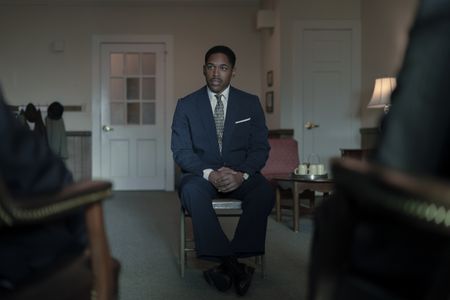 Martin Luther King Jr., played by Kelvin Harrison Jr., interviews with the church deacons in GENIUS: MLK/X. (National Geographic/Richard DuCree)