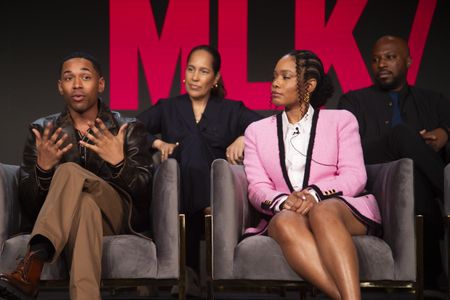 2024 TCA WINTER PRESS TOUR  - Kelvin Harrison Jr., Gina Prince-Bythewood, Weruche Opia, and Damione Macedon from the “Genius: MLK/X” panel at the National Geographic presentation during the 2024 TCA Winter Press Tour at the Langham Huntington on February 8, 2024 in Pasadena, California. (National Geographic/PictureGroup)