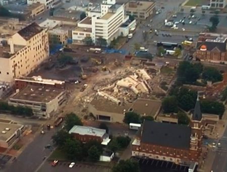 The Alfred P. Murrah Federal Building is seen in aerial view after it was imploded on May 23, 1995. (National Geographic)