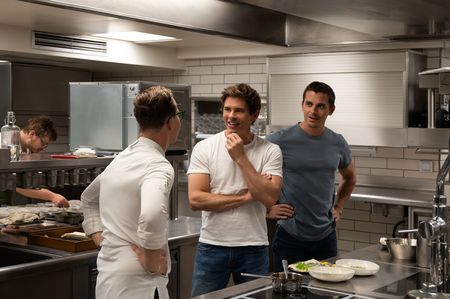 Chef Bastian Ebert meets with James Marsden and Antoni Porowski to teach them how to make heart and tongue croquettes. (National Geographic/Bernd Schuller)