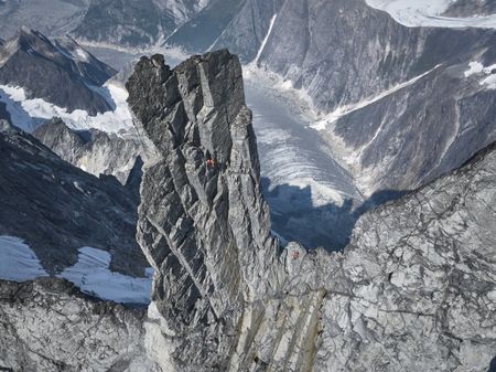 Aerial view of Tommy Caldwell and Alex Honnold climbing up the West Cat's Ear Spire. (National Geographic/Matt Pycroft)