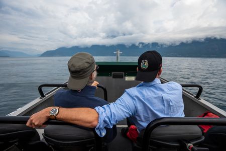 Sir Ranulph Fiennes and Joseph Fiennes enjoy a moment at the end of their journey. Sir Ranulph Fiennes, "the greatest living explorer," and his cousin, actor Joseph Fiennes, revisit Ran’s 1971 expedition of Canada’s British Columbia.