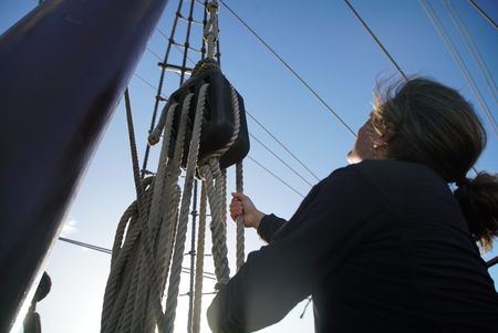 Claudio Lozano stands on the deck of a Puntales ship, standing by the mast. The ship was used to defend against the french navy in the penninsular war in Spain. (National Geographic/Ciaran Henry)