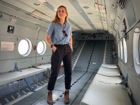 Mariana van Zeller inside a military helicopter. (Credit: National Geographic)