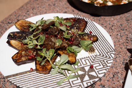 Gordon Ramsay's grilled eggplant with pomegranate molasses and chicken livers. (National Geographic/Justin Mandel)