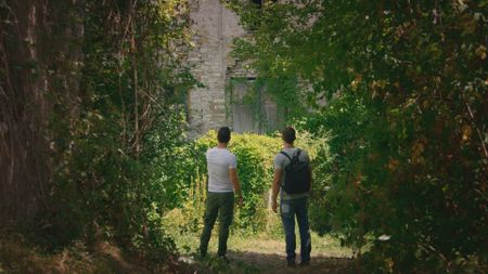 Justin Theroux and Antoni Porowski at the Stradella steps. (National Geographic)