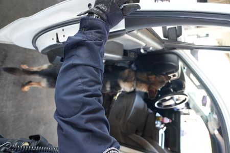 A CBP officer inspects the trunk of a passenger's vehicle for hidden contraband in El Paso, Texas. (National Geographic)