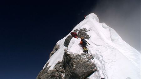 Jimmy Chin (right) climbs Mount Everest right behind Stephen Koch.  (credit: Jimmy Chin Productions)