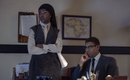 Betty Shabazz, played by Jayme Lawson, and Malcolm X, played by Aaron Pierre, in GENIUS: MLK/X. (National Geographic/Richard DuCree)