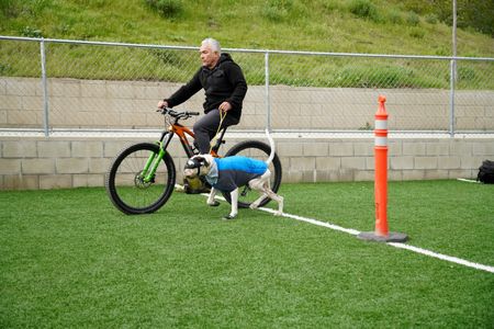 Cesar rides a bicycle with Brunello in goggles and a vest. (National Geographic)