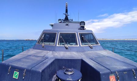 The Customs Surveillance Service ship from the bow. (National Geographic/Salvador Antonio Díaz Montes)