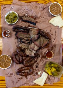 A spread of Texas barbecue at Smitty's Market. (National Geographic/Amy Mikler)