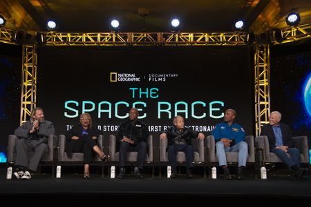 2024 TCA WINTER PRESS TOUR  - Diego Hurtado de Mendoza, Lisa Cortés, Leland Melvin, Ed Dwight, Victor Glover, and Frank Marshall from the “The Space Race” panel at the National Geographic presentation during the 2024 TCA Winter Press Tour at the Langham Huntington on February 8, 2024 in Pasadena, California. (National Geographic/PictureGroup)