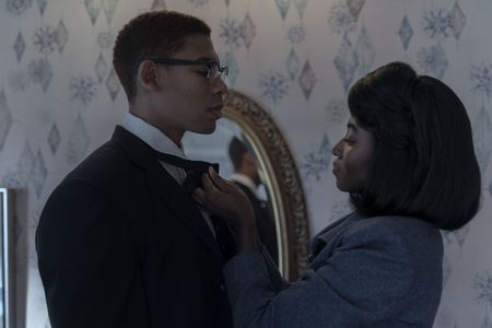 Malcolm X, played by Aaron Pierre, and Betty X, played by Jayme Lawson, in GENIUS: MLK/X. (National Geographic/Richard DuCree)