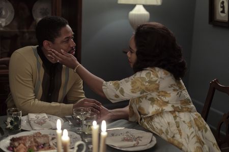 Martin, played by Kelvin Harrison Jr., and Coretta, played by Weruche Opia, share a moment at the dinner table in GENIUS: MLK/X. (National Geographic/Richard DuCree)