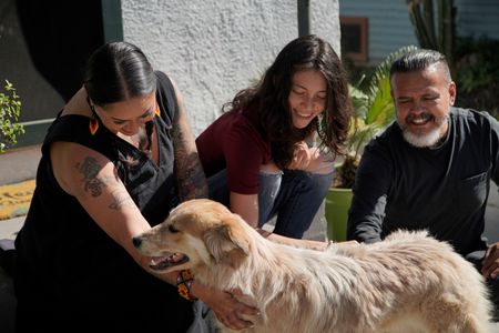 The Sanchez family petting Maverick. (National Geographic)