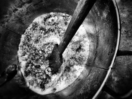 Sinaloa heroin boiling and cooking in a barrel. (Nick Quested)