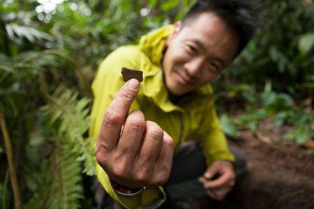 Ciudad Perdida, Colombia - Dr. Albert Lin shows a shard of ancient Tairona pottery found at the new settlement. (Blakeway Productions/National Geographic)