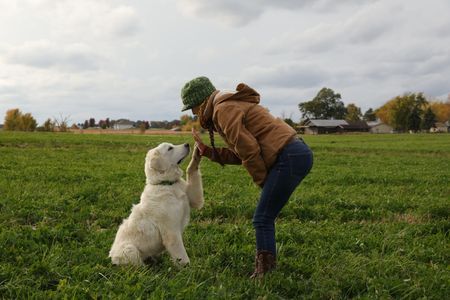 Clovis, the Pol family's new dog, gives Beth Pol his paw at the Pol family's farm. (National Geographic)