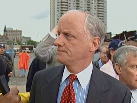 Governor Frank Keating makes his first visit to the site of the bombing, and gives a statement to the Press in Oklahoma City, Okla., April 19, 1995. (News9 Oklahoma City)