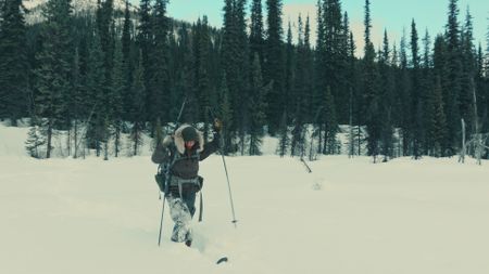 Margot snowshoes to her trap site. (Blue Ant Media/Tara Elwood)