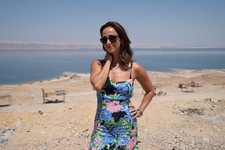 Chef Maria Haddad stands in front of the Dead Sea. (National Geographic/Justin Mandel)