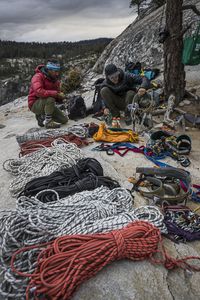 The crew sort through the ropes and climbing equipment used to document Alex Honnolds free solo climb of El Capitan's Freerider in Yosemite National Park.  (National Geographic/Jimmy Chin)