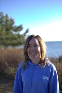 Dr. Megan Winton just outside the School for Marine Science and Technology in New Bedford, MA just before she sees the analysis of the data from Liberty's tag for the first time.  (National Geographic/Zara Tyne)