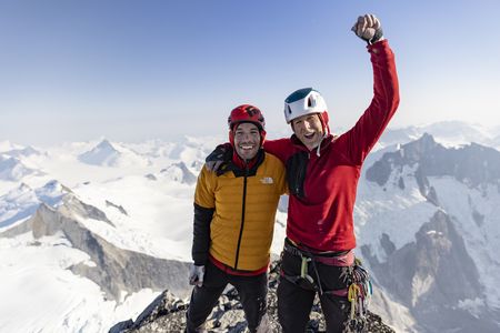 Alex Honnold and Tommy Caldwell celebrating on top of the Devil's Thumb.   (National Geographic/Matt Pycroft)