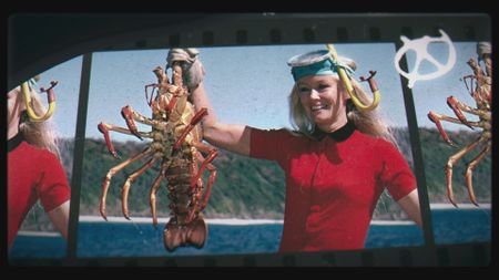 Valerie Taylor in red swimsuit holding up a crayfish, 1968.    (photo credit: Ron & Valerie Taylor)