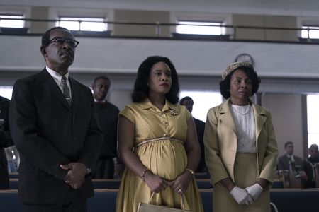 Daddy King, played by Lennie James, Coretta Scott King, played by Weruche Opia, and Alberta King, played by LisaGay Hamilton, at Martin’s trial in GENIUS: MLK/X. (National Geographic/Richard DuCree)