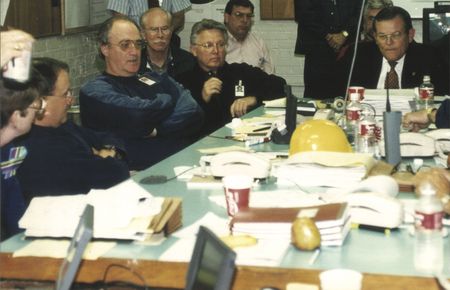 Special Agent in Charge Bob Ricks and Special Agent Weldon Kennedy attend a meeting at the FBI Command Center in Oklahoma City, Okla. in April 1995, after the  bombing of the Alfred P. Murrah Federal Building. (FBI)