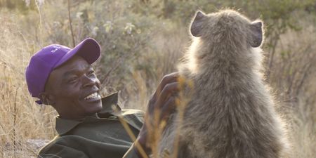 Dingani laying on the ground with a baboon. (Big Wave Productions)