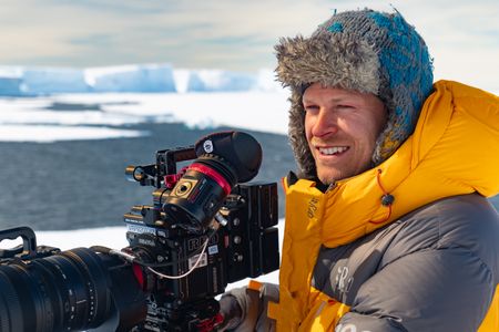 Bertie Gregory filming in Atka Bay, Antarctica. (National Geographic/Ben Joiner)