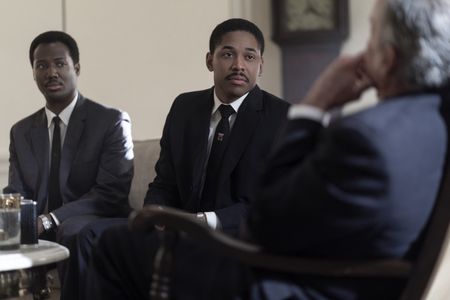 Ralph Abernathy, played by Hubert Point-Du Jour, and Martin Luther King Jr., played by Kelvin Harrison Jr., meet with Lyndon B. Johnson in GENIUS: MLK/X. (National Geographic/Richard DuCree)
