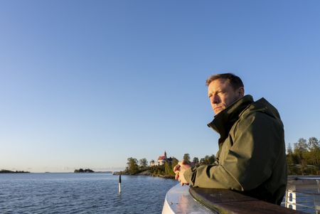 Andy Torbet arrives at Helsinki's Suomenlinna sea fort. A fortress built to protect Helsinki in the Baltic Sea. (National Geographic/Ciaran Henry)