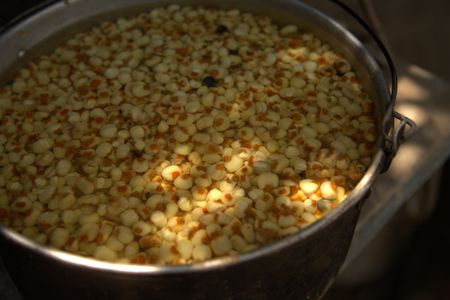 Corn kernels are boiled in water laced with lime to undergo the nixtamalization process. The cooking technique, developed by the Maya over 3,000 years ago, softens the corn so that it can be more easily ground into masa, the dough used to make tortillas. (National Geographic/Adnelly Marichal)